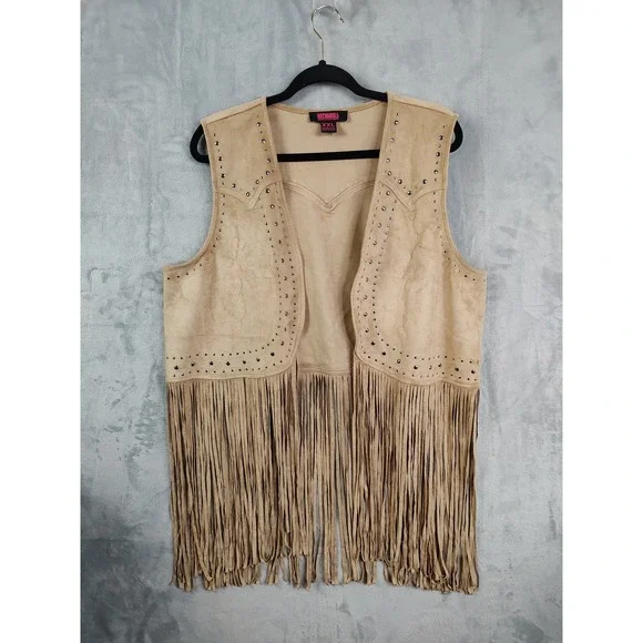 Rock and Roll Denim Studded Fringe Vest Tan Suede Look Women's XXL - Picture 2 of 10